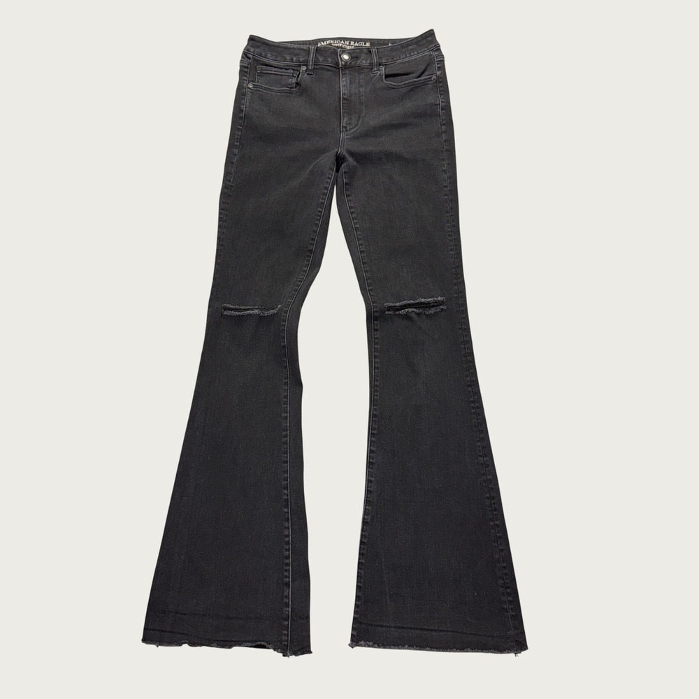 American Eagle Hi-Rise Slim Flare Size 12 X-Long Stretch Black Distressed Jeans